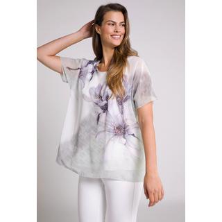 Ulla Popken  Blouse doublée, décolleté rond et manches courtes, coupe évasée 