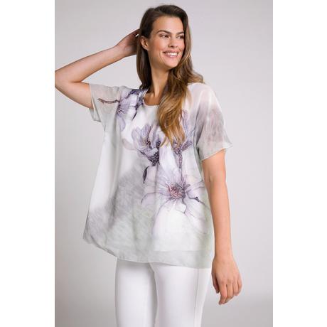 Ulla Popken  Blusa svasata a doppio strato con fiori, scollo a girocollo e mezze maniche 