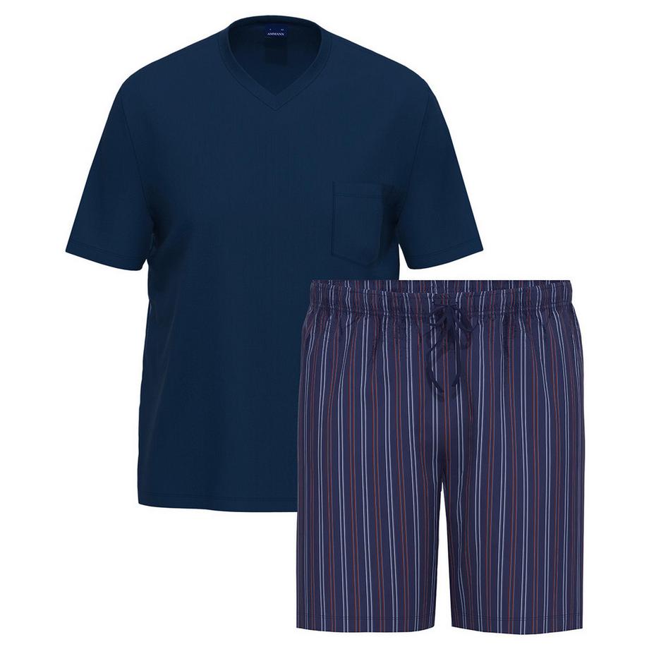 Ammann Baumwoll Pyjama Set mit V-Ausschnitt Oberteil und gestreiften Shorts  