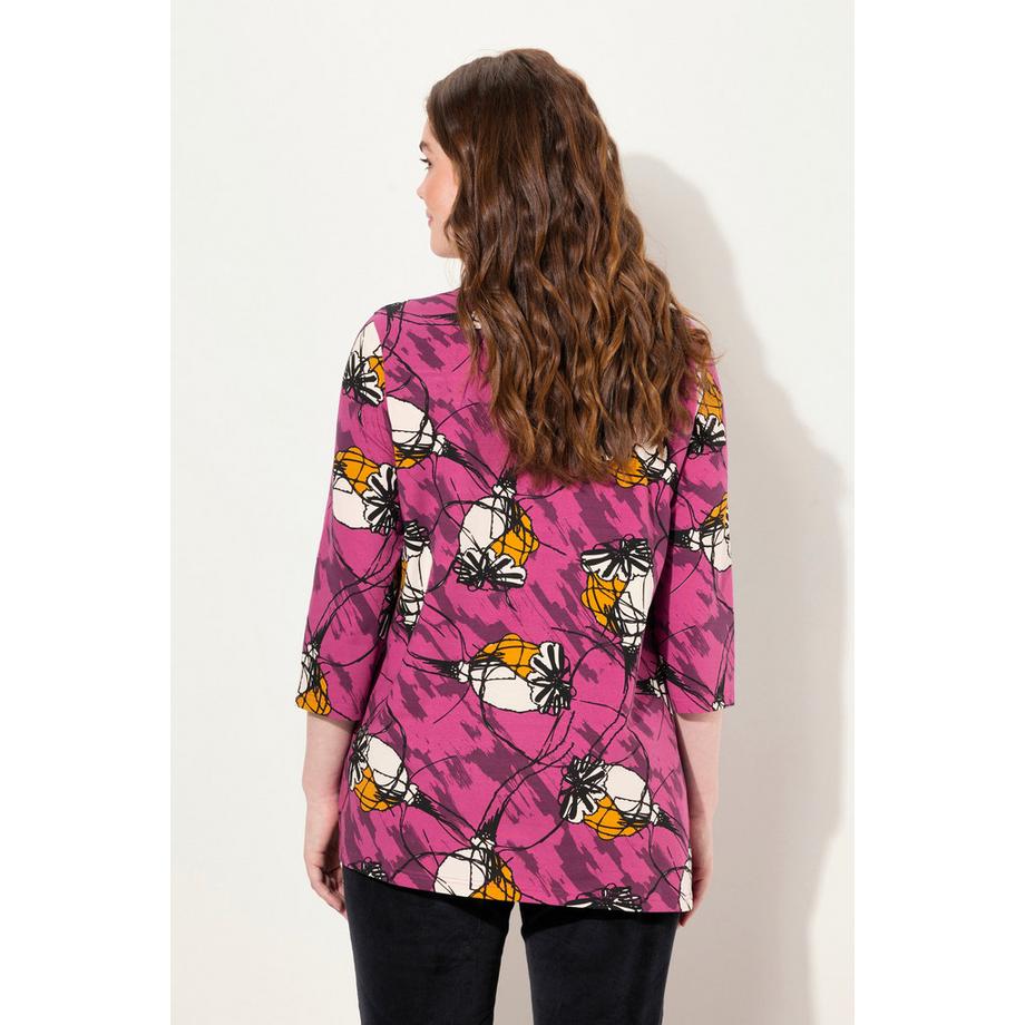 Ulla Popken T-shirt long Coupe trapèze Col rond Manches 3/4 Coton bio  