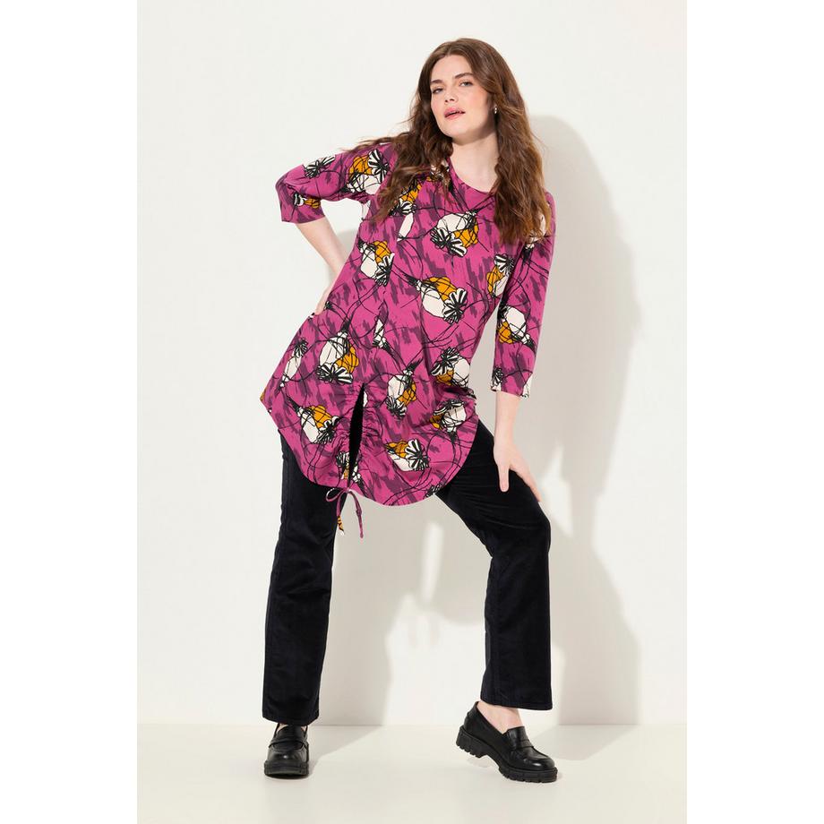 Ulla Popken T-shirt long Coupe trapèze Col rond Manches 3/4 Coton bio  