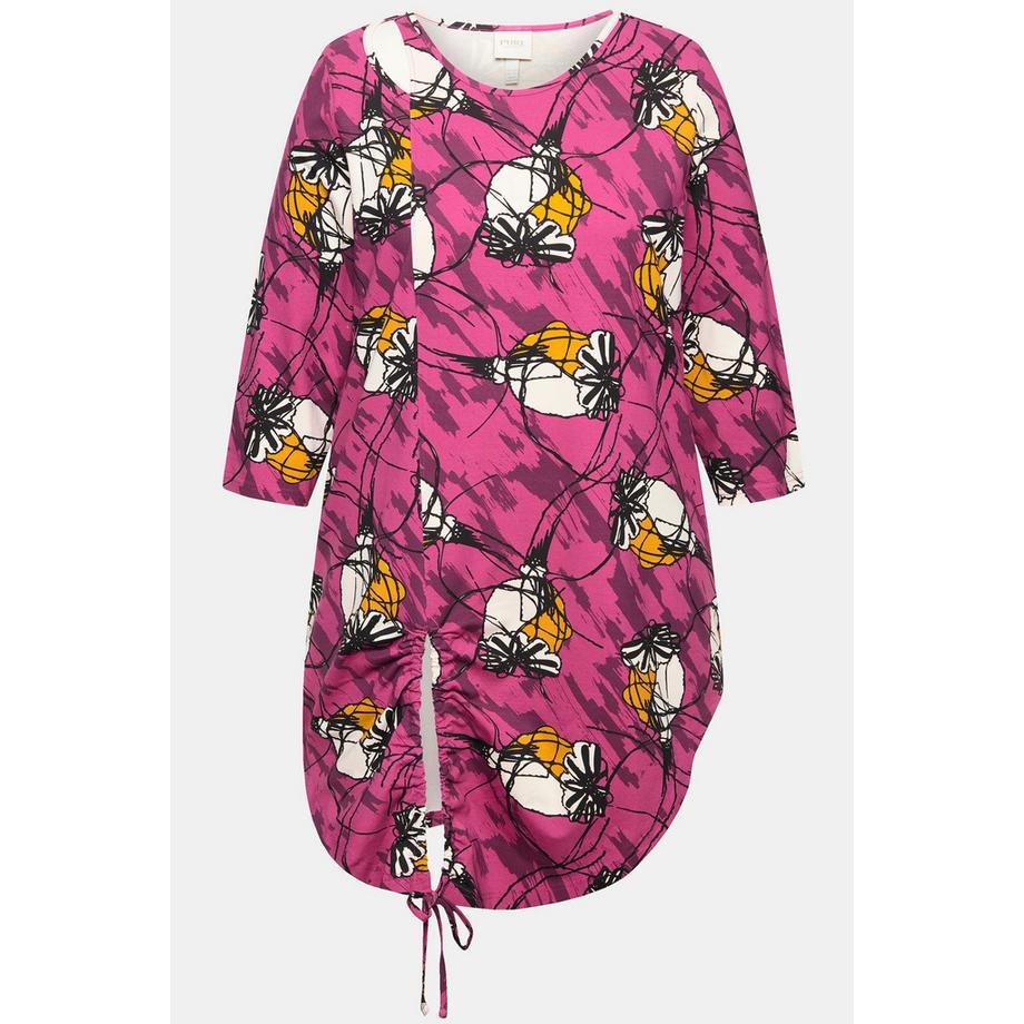 Ulla Popken T-shirt long Coupe trapèze Col rond Manches 3/4 Coton bio  