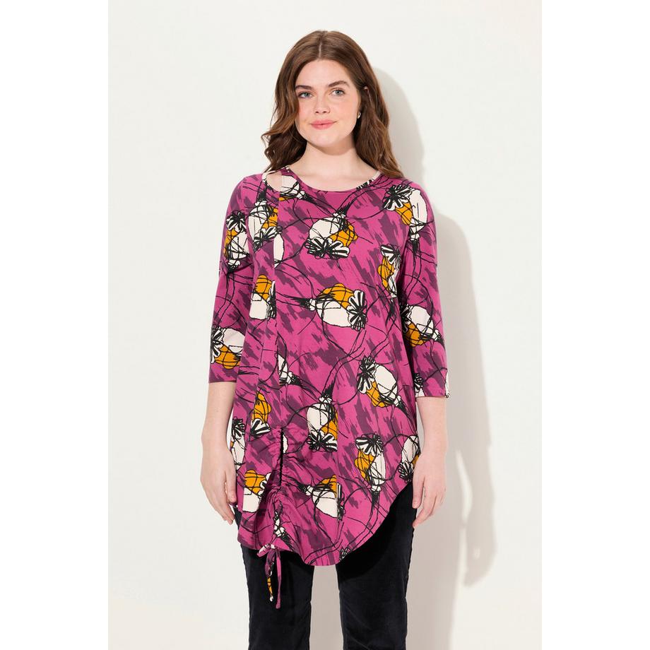 Ulla Popken T-shirt long Coupe trapèze Col rond Manches 3/4 Coton bio  