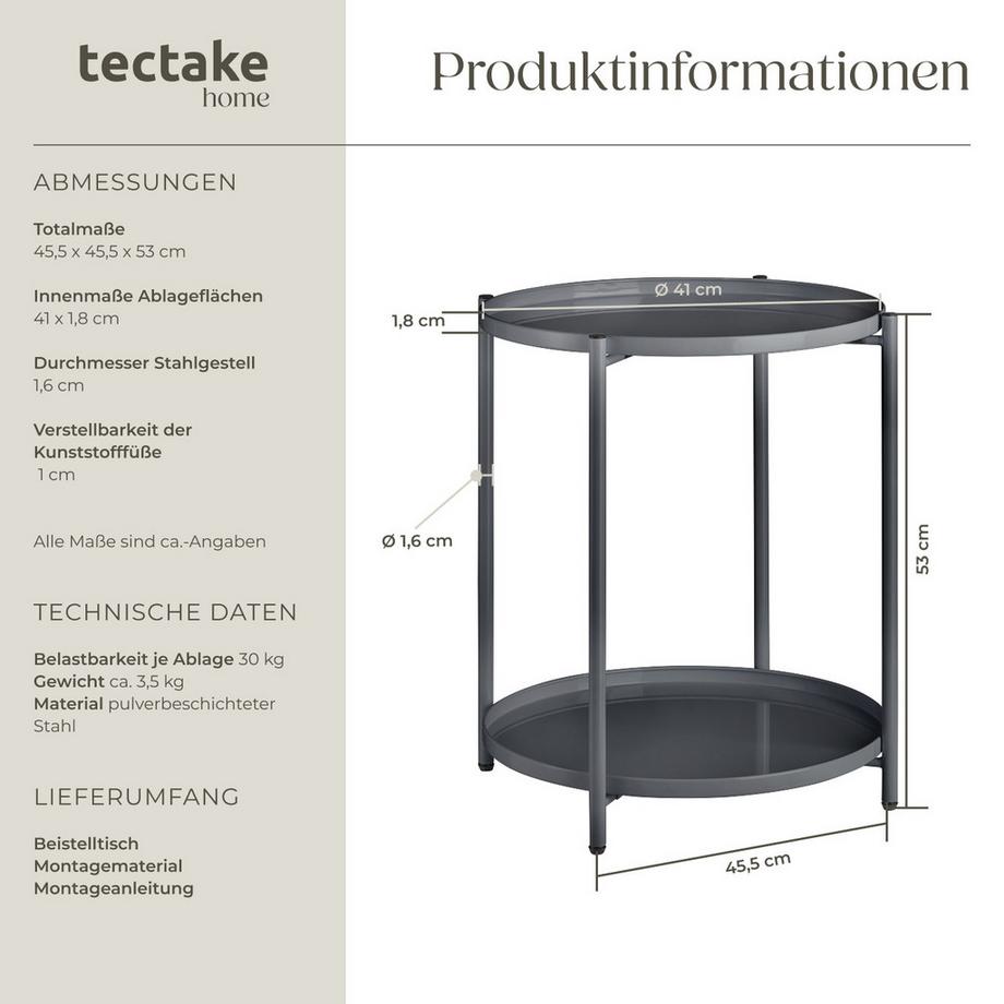 Tectake Beistelltisch Oxford Stahl rund mit abnehmbaren Ablagen  