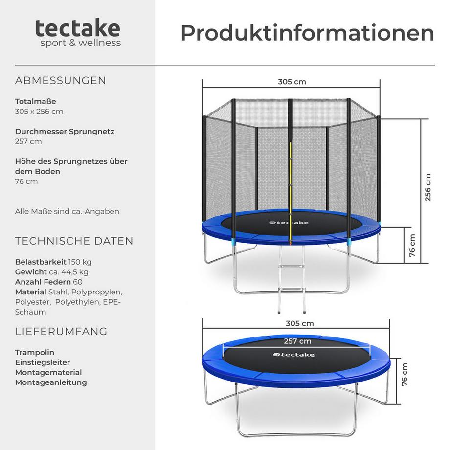 Tectake  Trampoline modèle B GARFUNKY Ø 305 cm, certifié GS pour un maximum de sécurité 