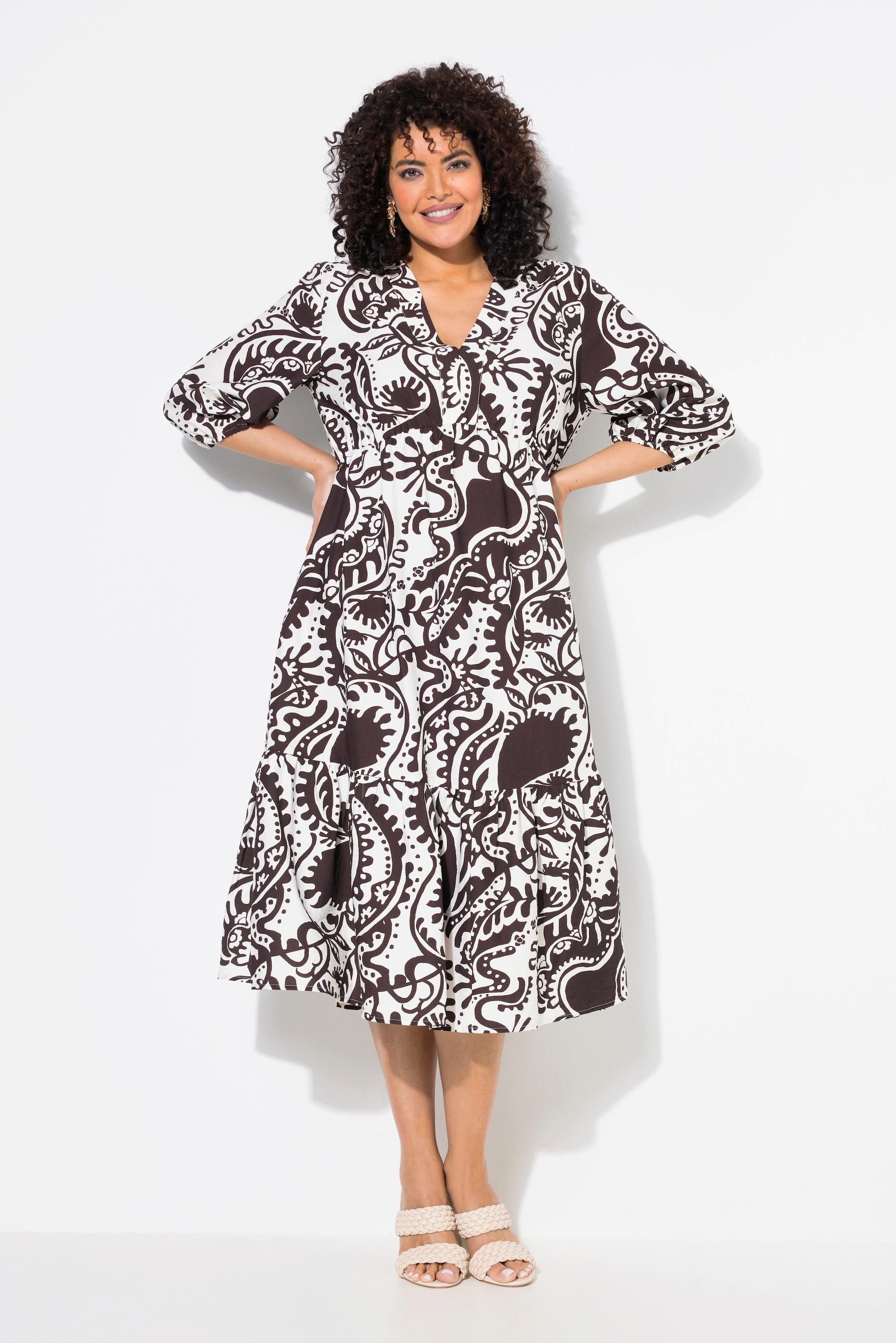 Ulla Popken Abito Midi A-Line Paisley Scollo a V Maniche 3/4  