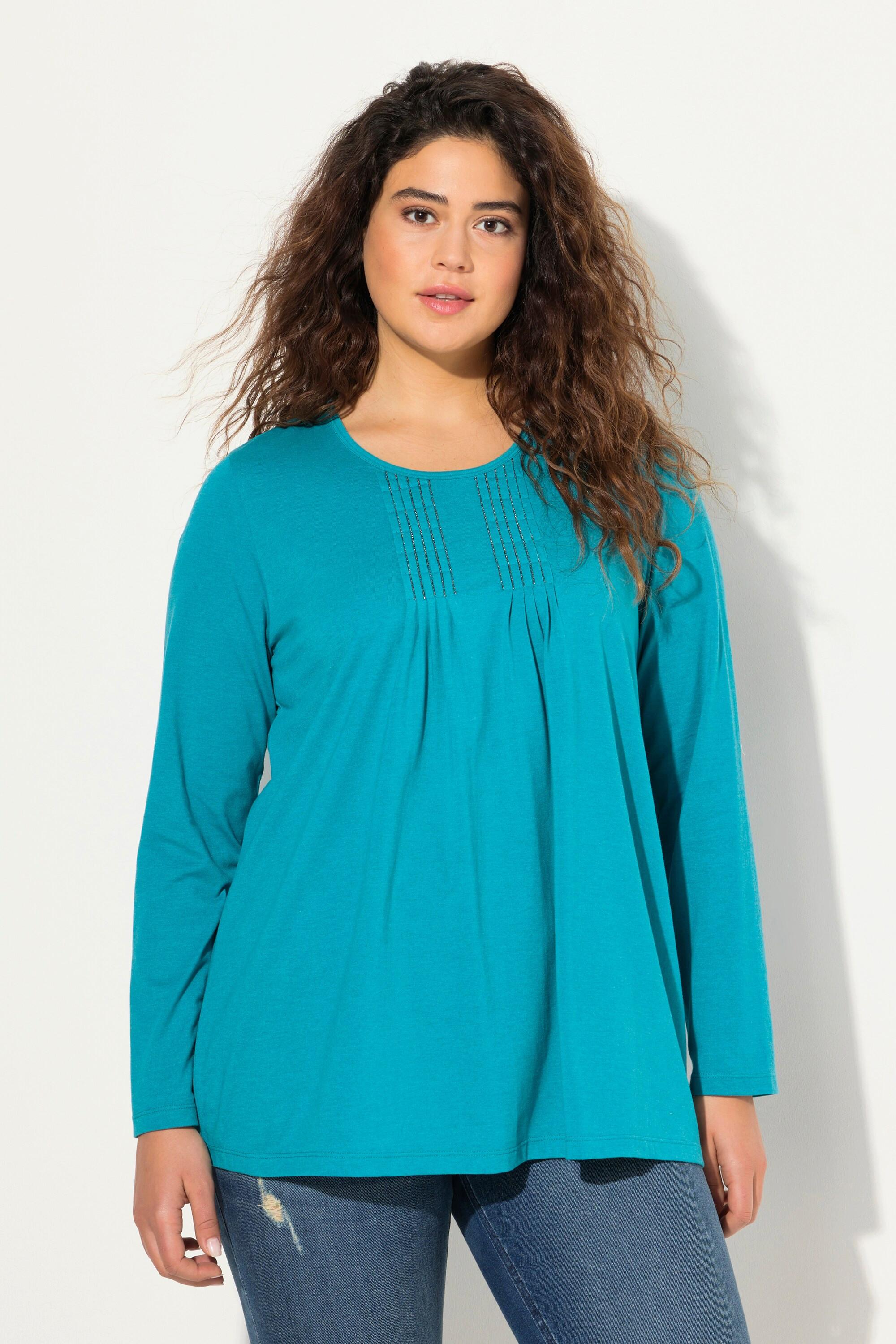 Ulla Popken  Shirt, Falten, Perlen, A-Linie, Langarm 