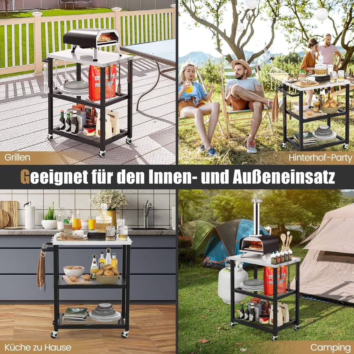 B2X 3-stufiger Outdoor-Grillwagen mit 3 Haken & Edelstahlplatte & -griff Mehrzweckwagen  