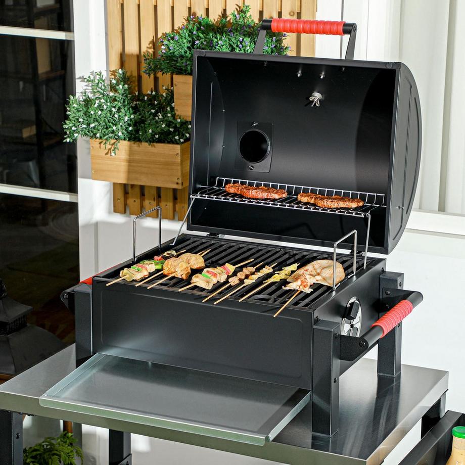 Northio Grill En Bois Creux, Grill De Table Avec Grille, Plateau À Charbon, Grill De Camping Avec Couvercle, Poignée, Thermomètre, Grill En Bois De Table Pour Pique-Nique, Jardin, Noir, 68,5 X 50 X 54 Cm  