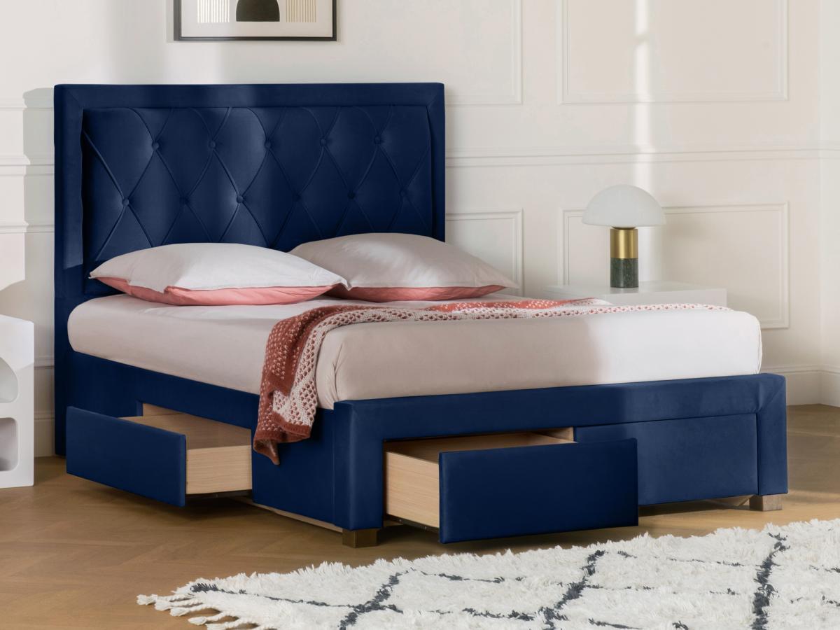 Vente-unique Letto con cassetti 180 x 200 cm in Tessuto Velluto Blu + Materasso - LEOPOLD  