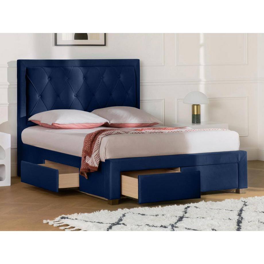 Vente-unique Lit avec tiroirs 180 x 200 cm - Tissu velours bleu + Matelas - LEOPOLD  