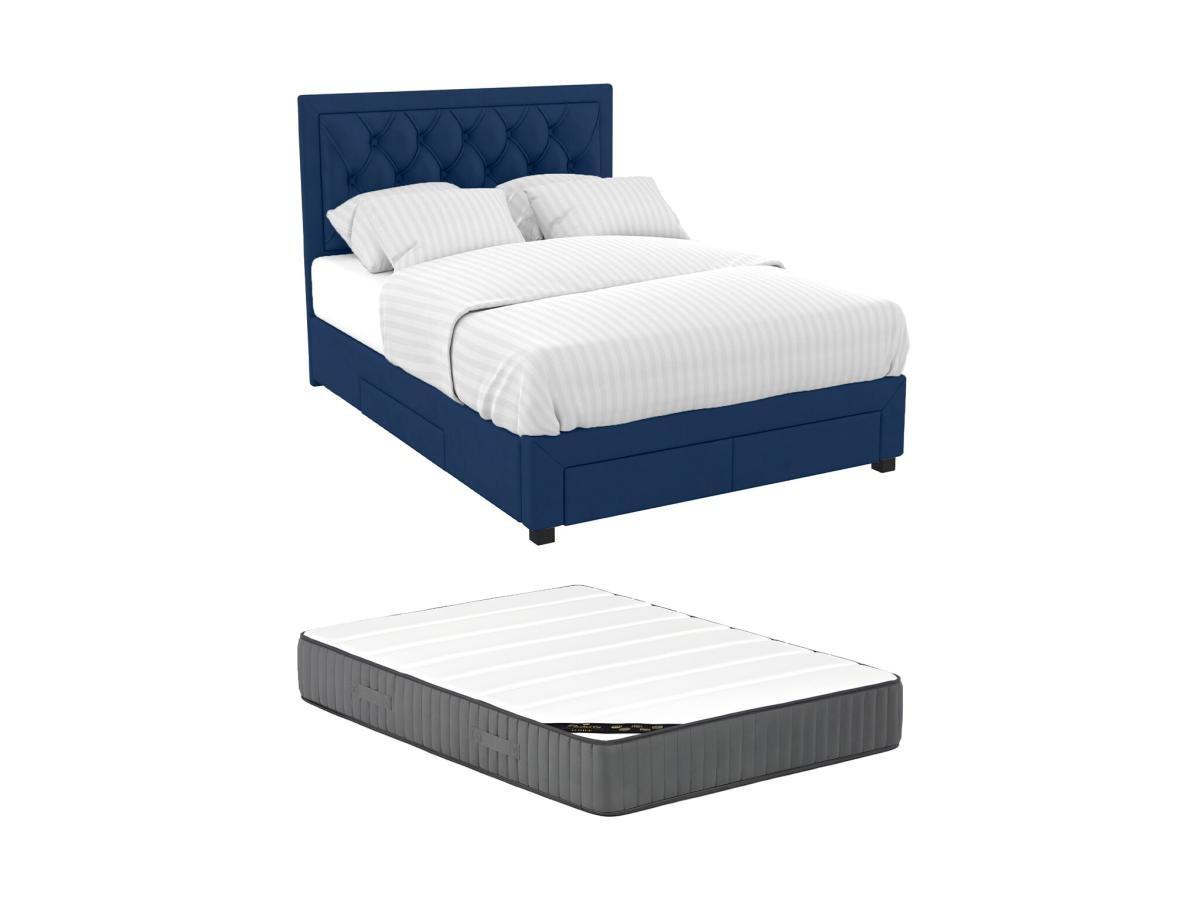 Vente-unique Polsterbett mit Schubladen + Matratze - 180 x 200 cm - Samt - Blau - LEOPOLD  