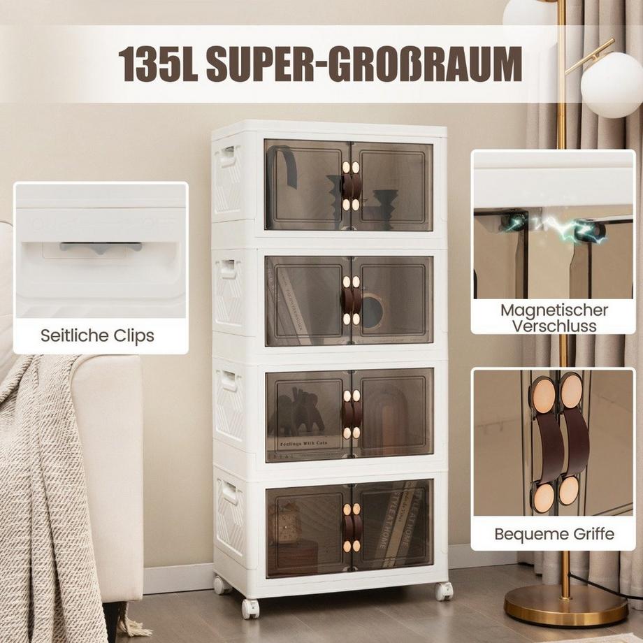 B2X Lot de 4 boîtes de rangement empilables avec couvercles & roulettes & portes 49,5 x 31,5 x 112,5 cm  