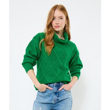 Pull vert classique à col roulé et losanges