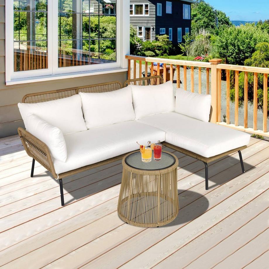 Northio Set Di Mobili Da Giardino In Rattan Da 3 Pezzi, Divano A 2 Posti Con Chaise Longue E Tavolino, Beige E Caffè  