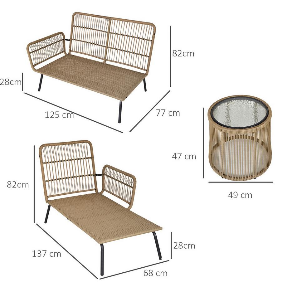 Northio Set Di Mobili Da Giardino In Rattan Da 3 Pezzi, Divano A 2 Posti Con Chaise Longue E Tavolino, Beige E Caffè  