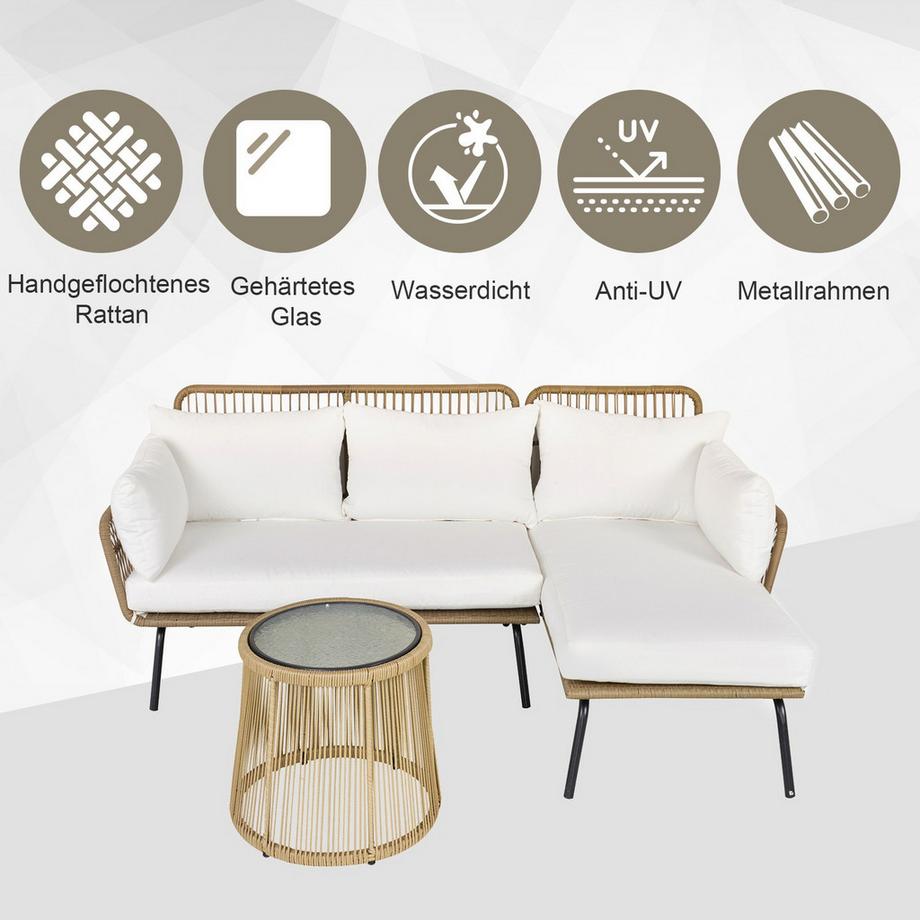 Northio Set Di Mobili Da Giardino In Rattan Da 3 Pezzi, Divano A 2 Posti Con Chaise Longue E Tavolino, Beige E Caffè  