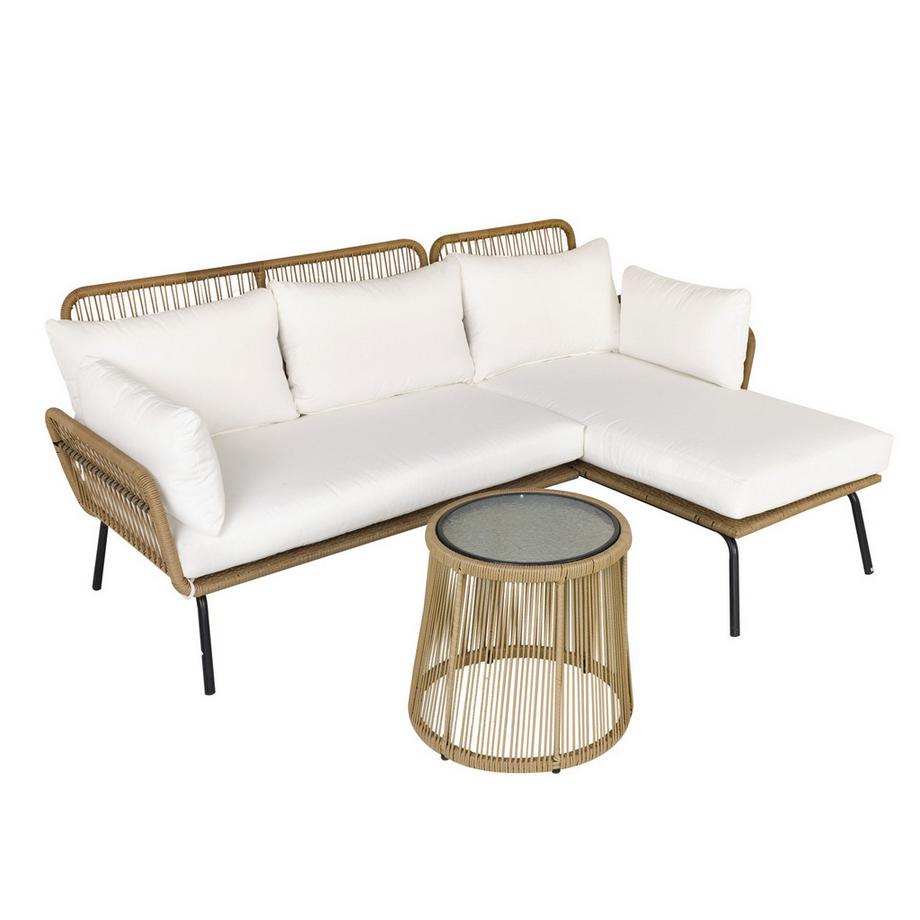 Set Di Mobili Da Giardino In Rattan Da 3 Pezzi, Divano A 2 Posti Con Chaise Longue E Tavolino, Beige E Caffè