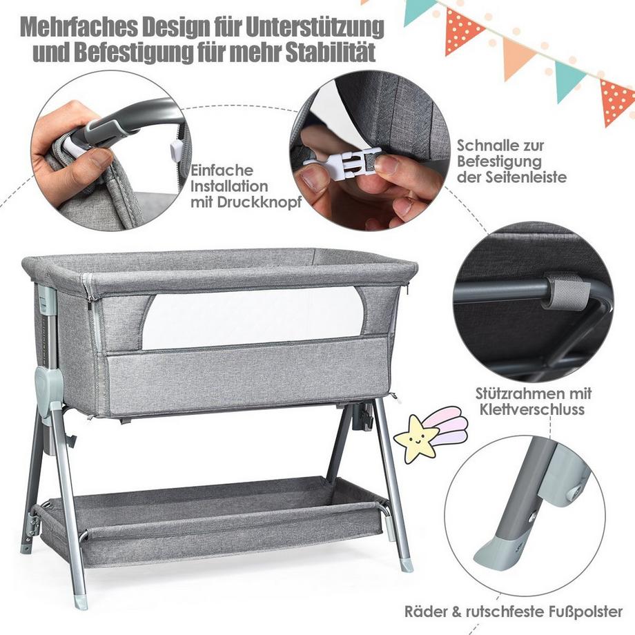 B2X  Lit portable à roulettes Lit bébé réglable en hauteur gris 