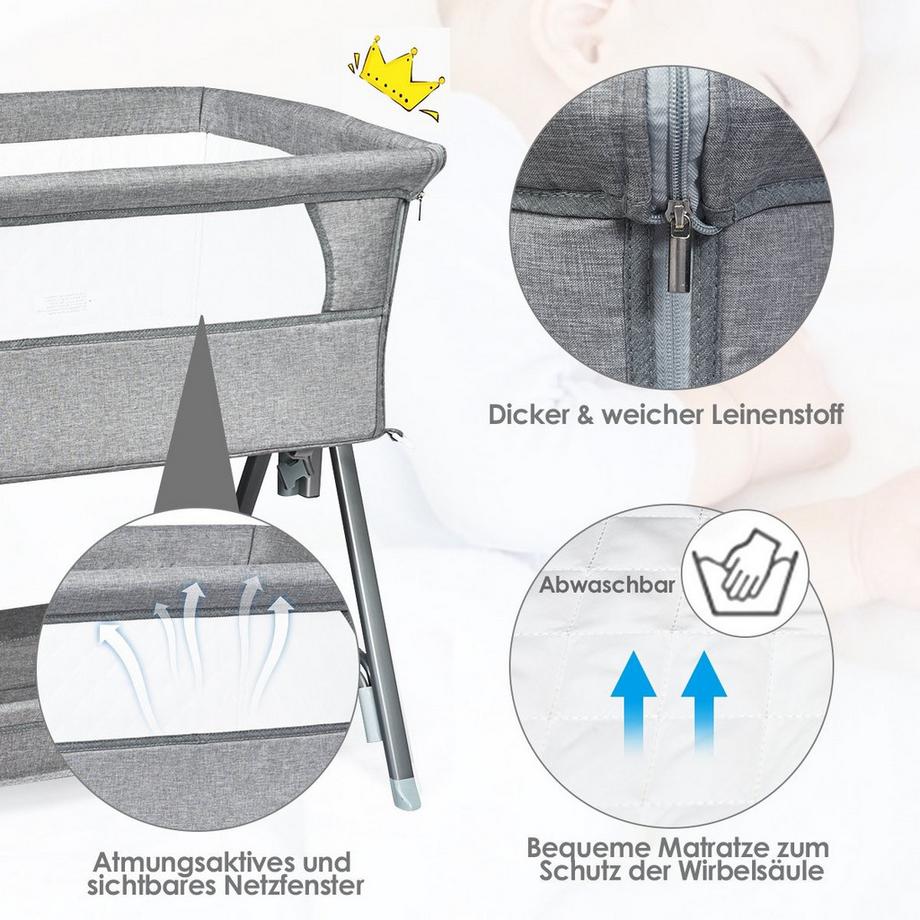 B2X  Lit portable à roulettes Lit bébé réglable en hauteur gris 