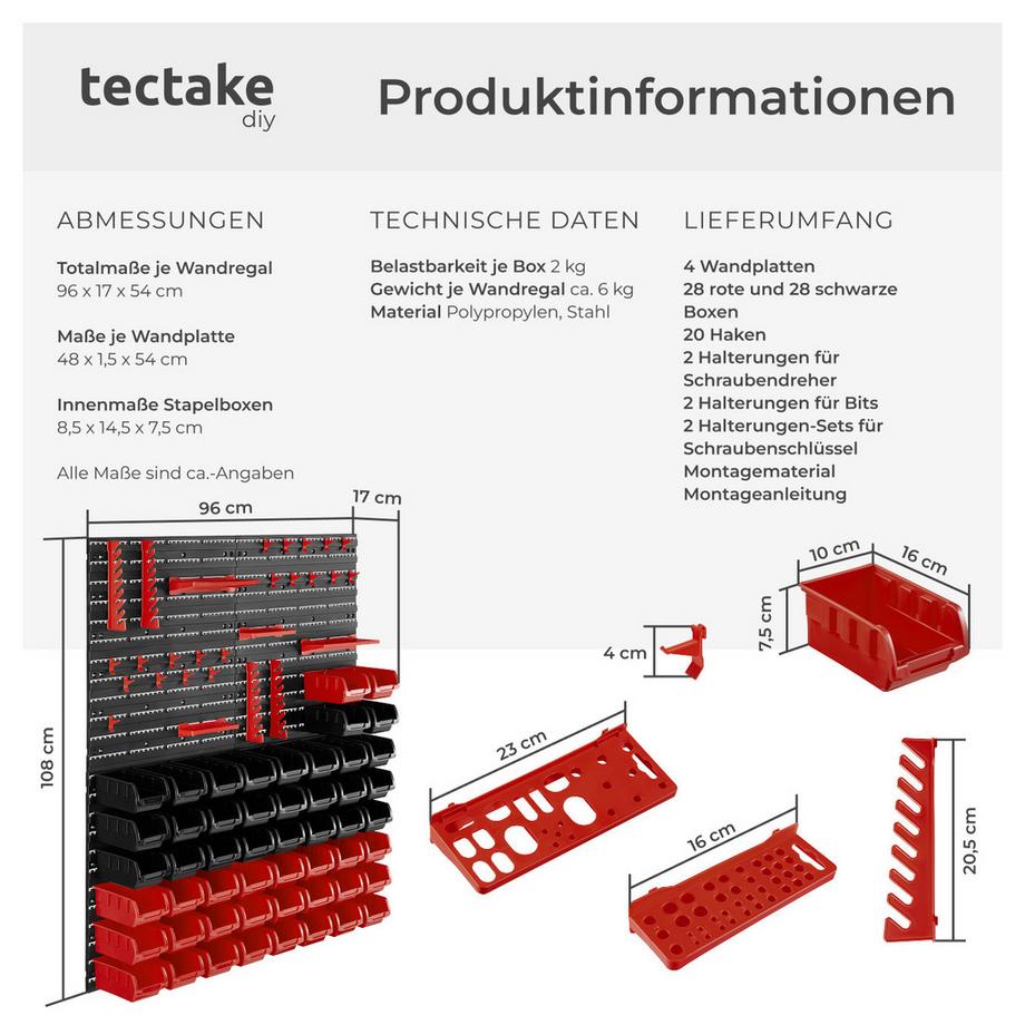 Tectake Kleinteilemagazin  88-teilig, mit 4 Wandplatten 28e und 28e Stapelboxen  