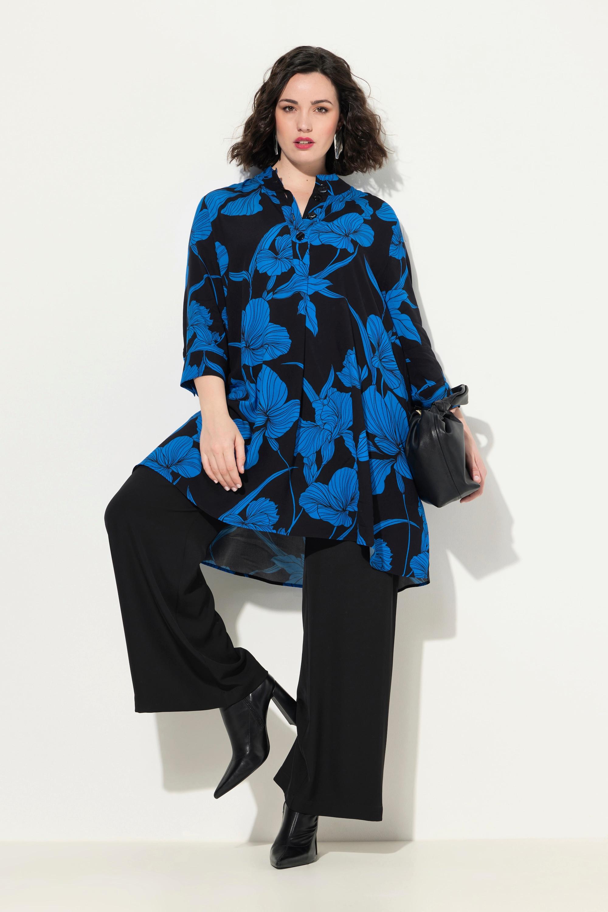 Ulla Popken Tunica Fiori Taglio Svasato Collo Alto Maniche 3/4  