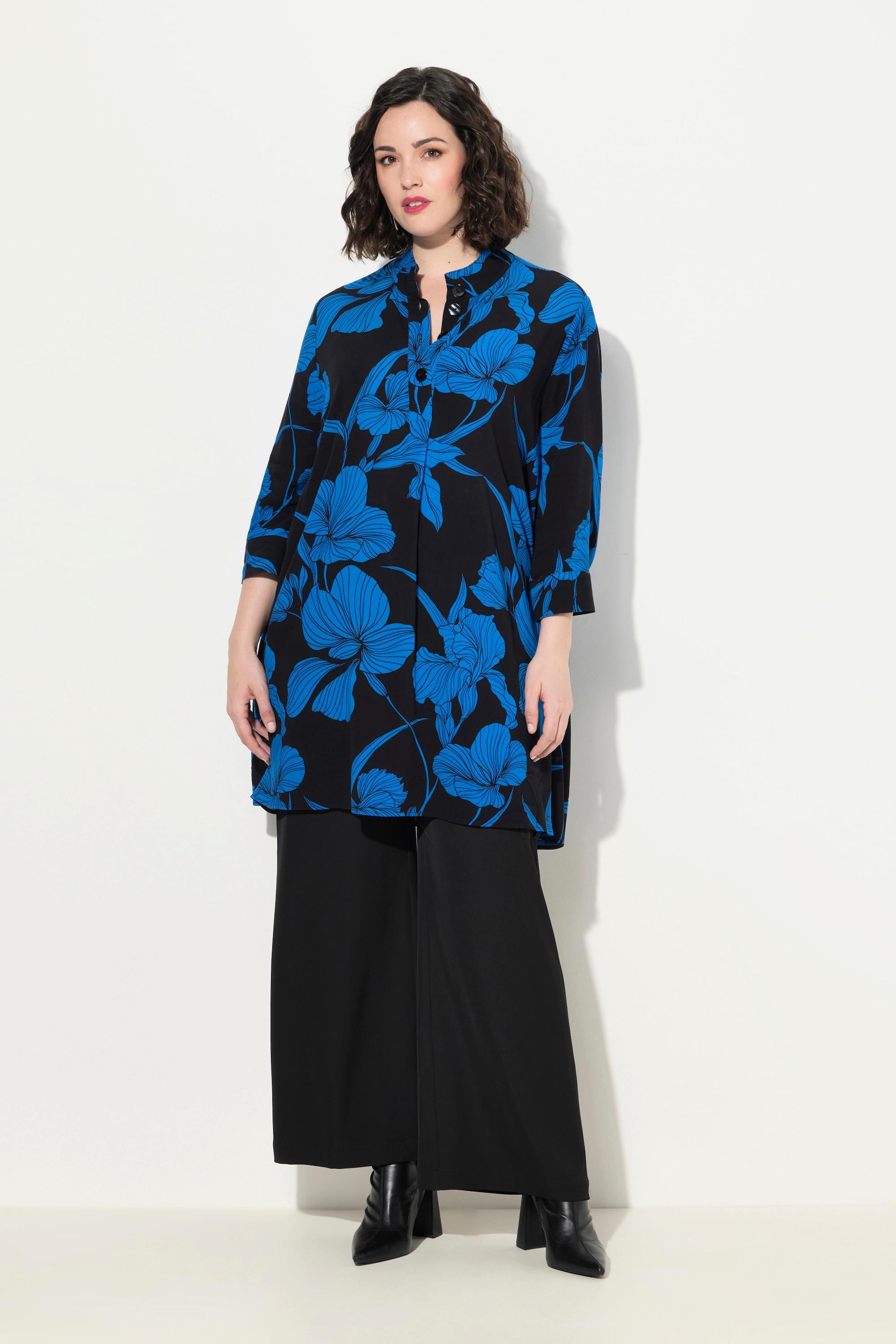 Ulla Popken Tunica Fiori Taglio Svasato Collo Alto Maniche 3/4  