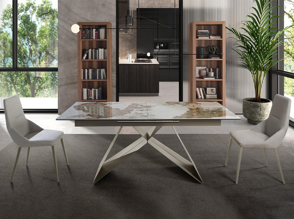 ANGEL CERDA Rechteckiger ausziehbarer Esstisch aus Porzellanmarmor und taupefarbenem Stahl  