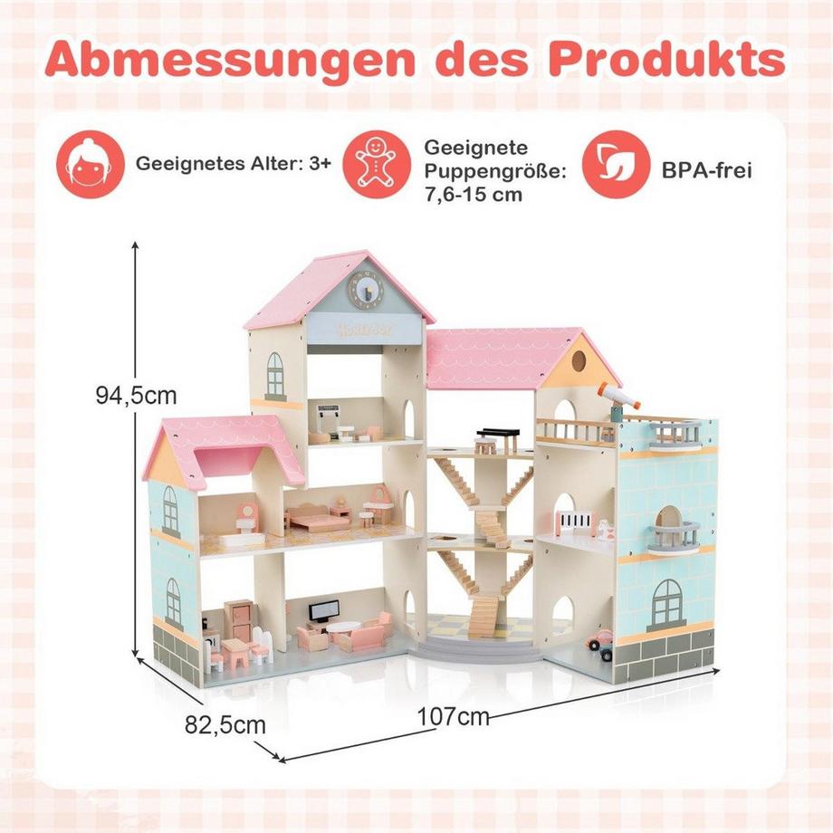 B2X  Casa delle bambole ad angolo in legno con tetto rosa e 41 mobili e accessori Casa delle bambole Casa dei sogni fai-da-te 
