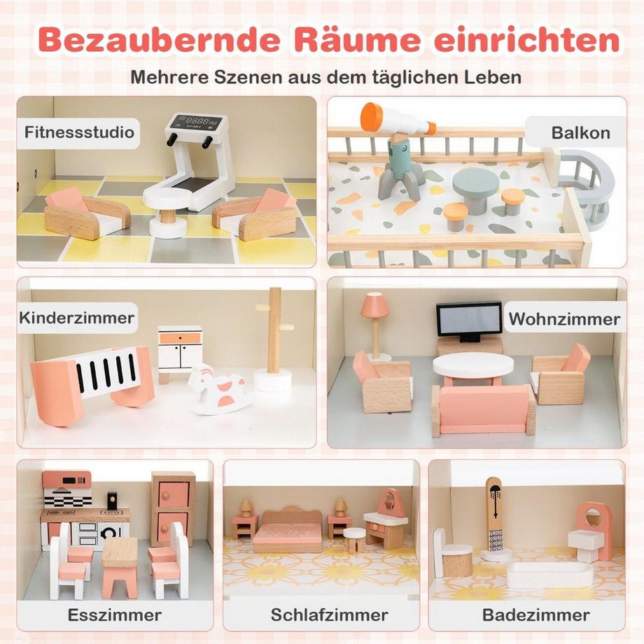 B2X  Casa delle bambole ad angolo in legno con tetto rosa e 41 mobili e accessori Casa delle bambole Casa dei sogni fai-da-te 