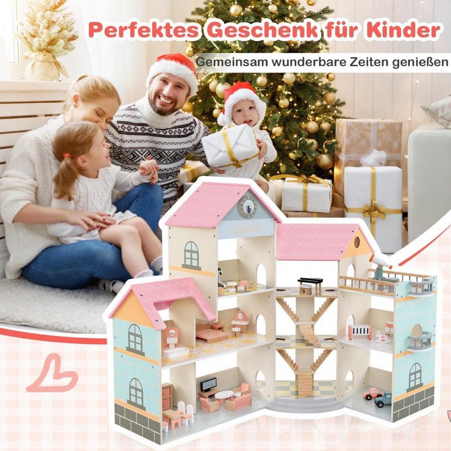 B2X  Casa delle bambole ad angolo in legno con tetto rosa e 41 mobili e accessori Casa delle bambole Casa dei sogni fai-da-te 