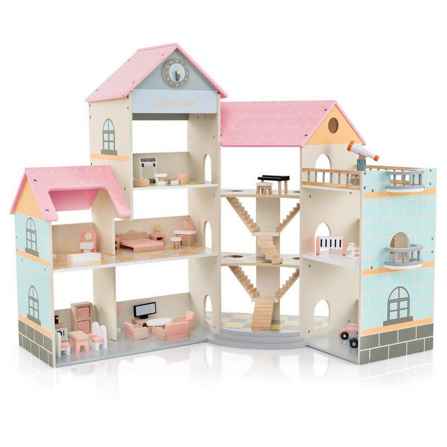 B2X  Casa delle bambole ad angolo in legno con tetto rosa e 41 mobili e accessori Casa delle bambole Casa dei sogni fai-da-te 