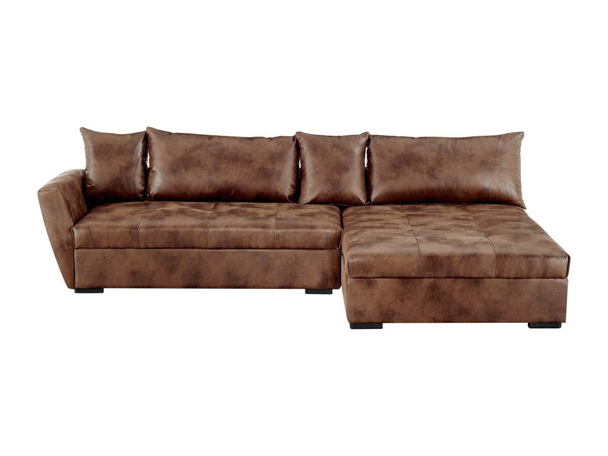 Vente-unique Canapé d'angle droit convertible en microfibre vieillie marron ROMANE II  