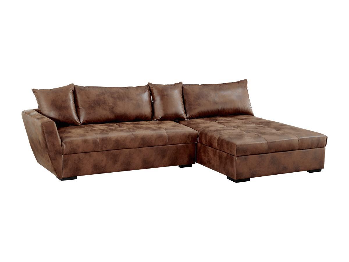 Vente-unique Canapé d'angle droit convertible en microfibre vieillie marron ROMANE II  