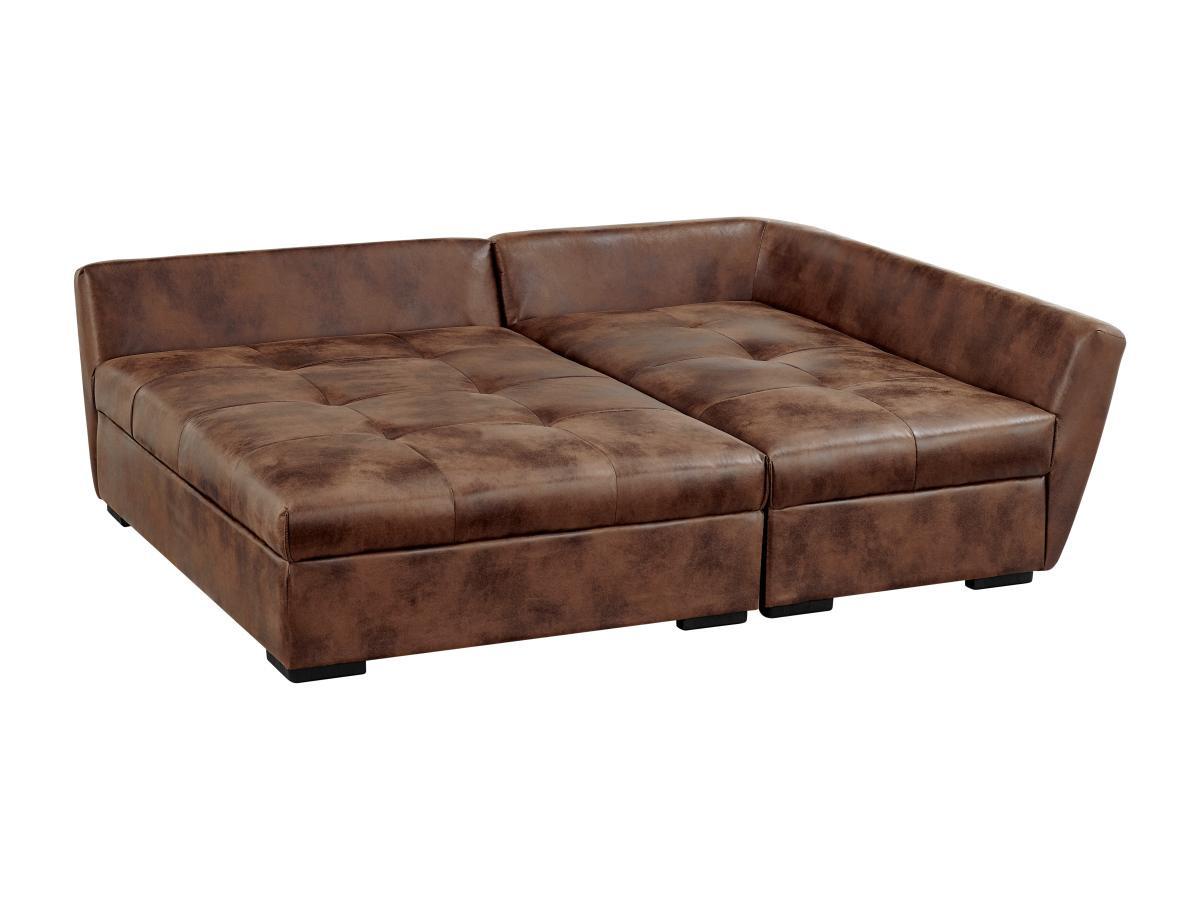 Vente-unique Canapé d'angle droit convertible en microfibre vieillie marron ROMANE II  