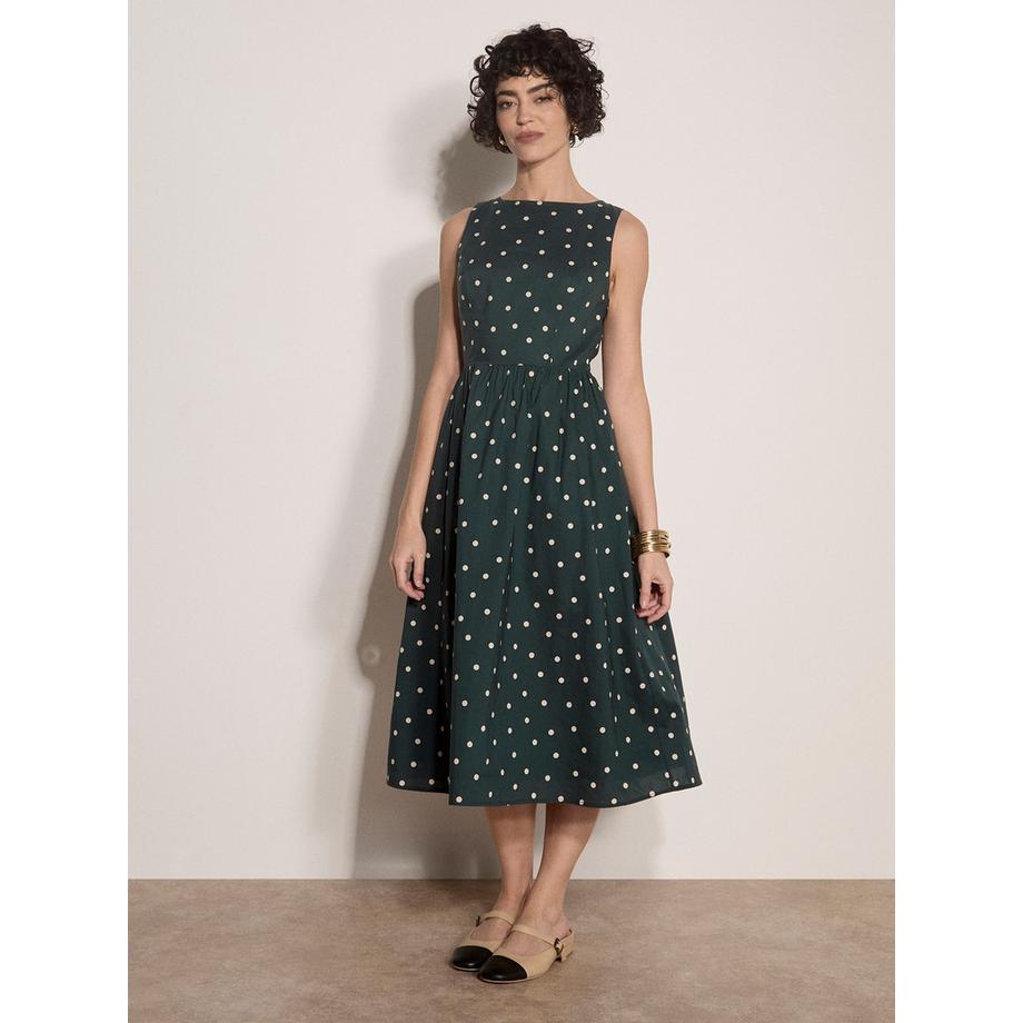 Robe mi-longue en coton à volants et à pois
