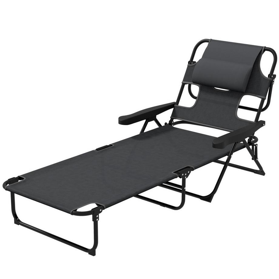 Chaise Longue De Jardin Avec Oreiller, Chaise Longue Avec Dossier Réglable, Accoudoir, Chaise Longue De Relaxation Pour Balcon De Jardin En Maille Gris Foncé