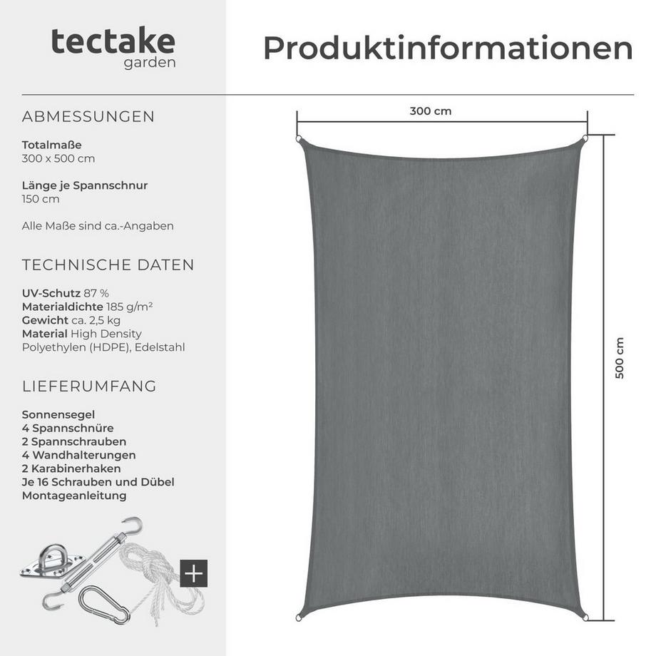 Tectake Tenda parasole Sunny diverse dimensioni, HDPE con 185 g/m² e 87% di protezione UV  