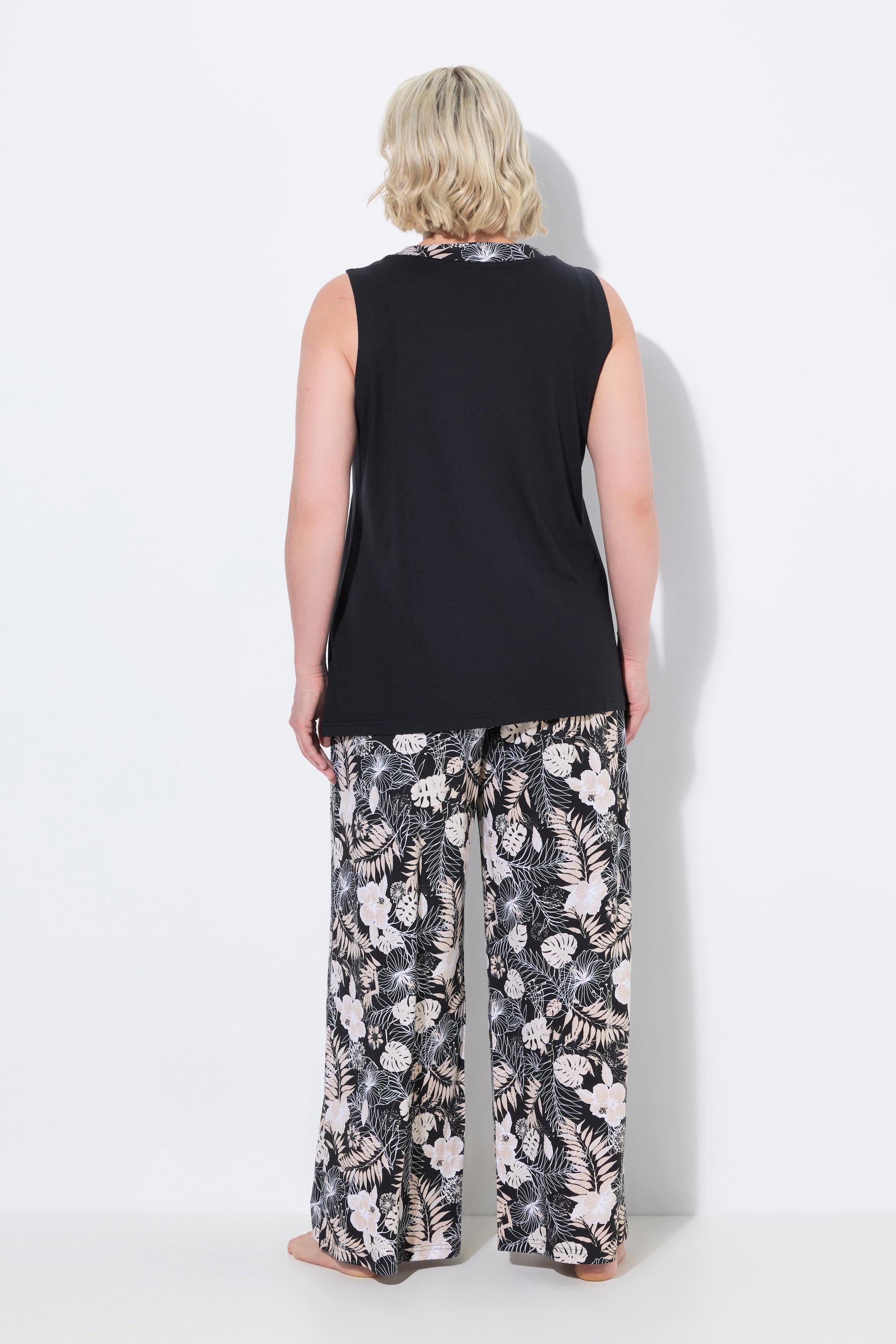 Ulla Popken Pigiama Stampa Foglie Scollo a V Senza Maniche Tasche  