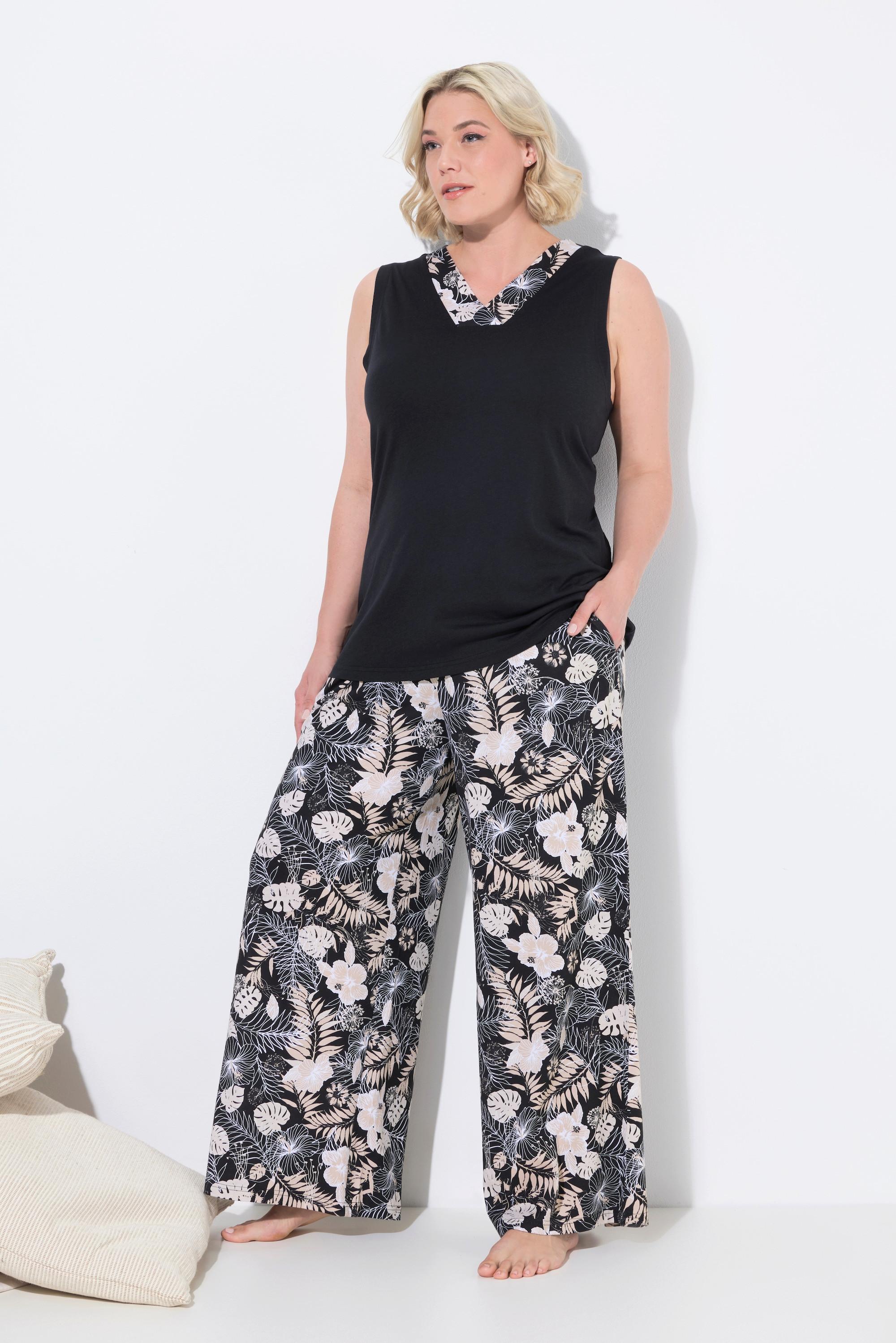 Ulla Popken Pigiama Stampa Foglie Scollo a V Senza Maniche Tasche  