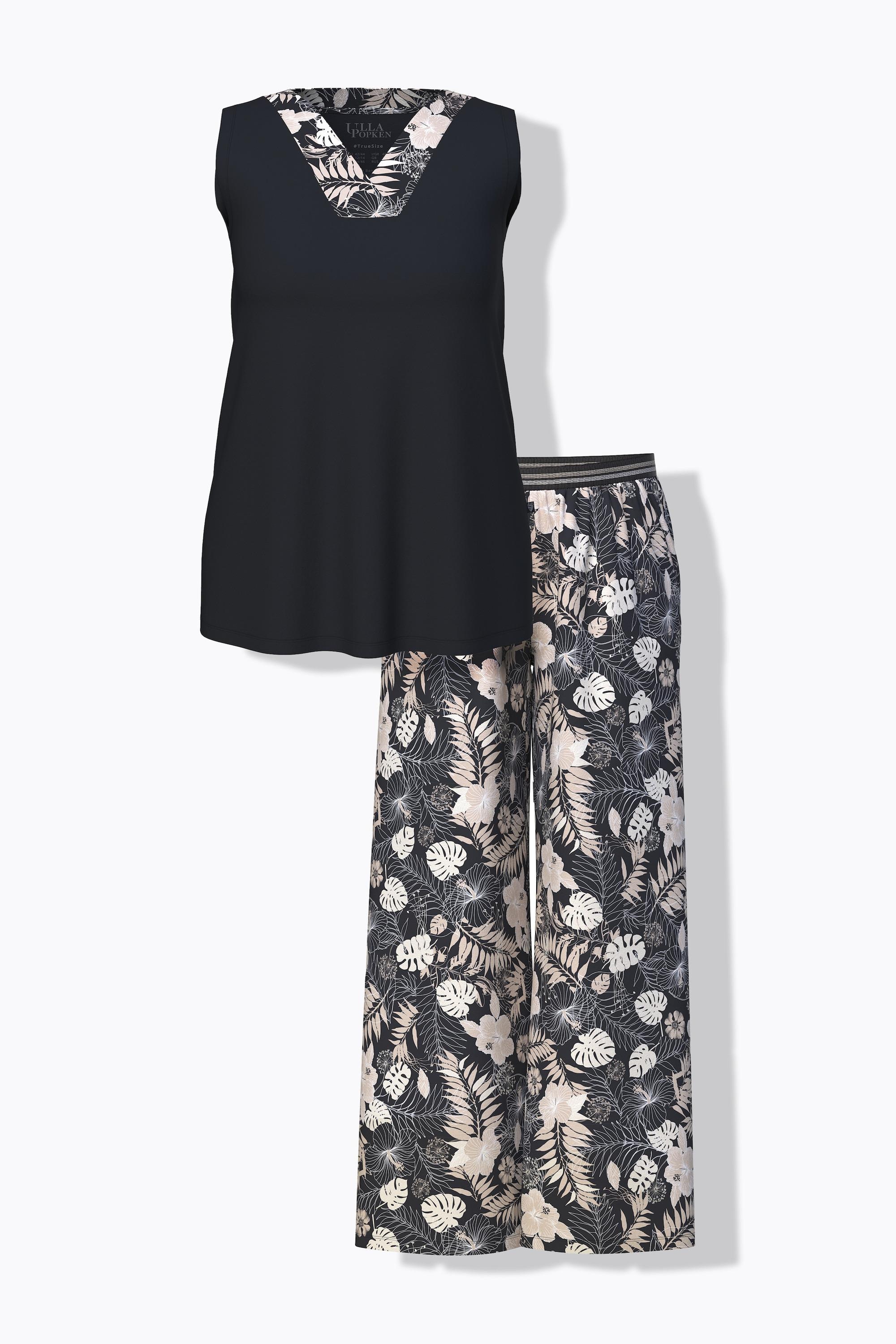 Ulla Popken Pigiama Stampa Foglie Scollo a V Senza Maniche Tasche  