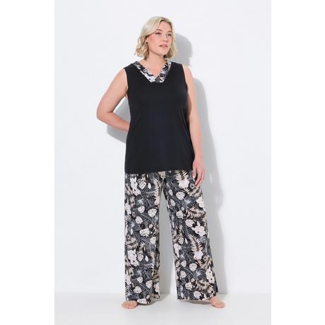 Ulla Popken Pigiama Stampa Foglie Scollo a V Senza Maniche Tasche  