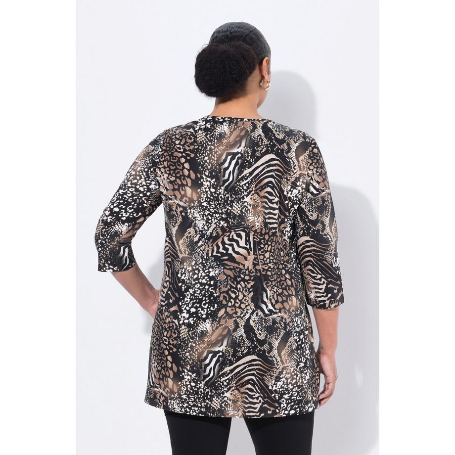 Ulla Popken T-shirt long Coupe évasée Col tunisien Manches 3/4  