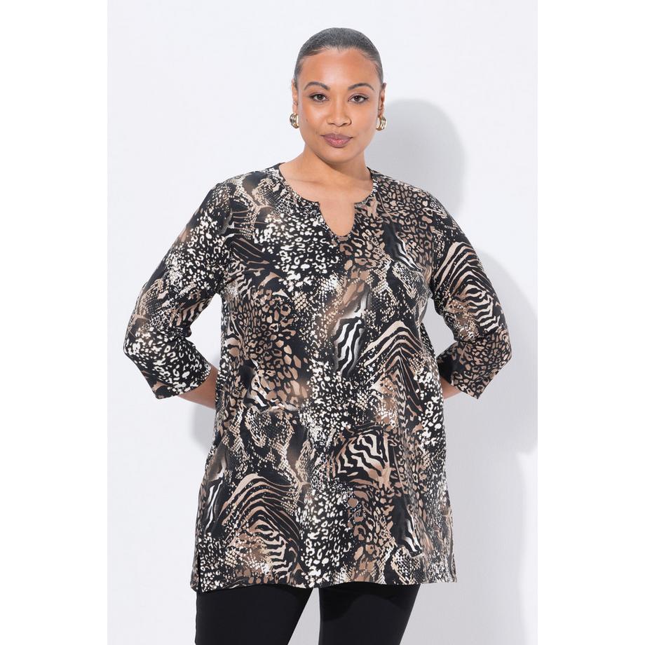 Ulla Popken T-shirt long Coupe évasée Col tunisien Manches 3/4  