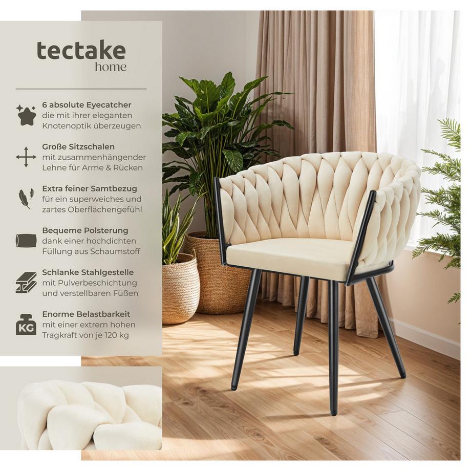 Tectake Set Esszimmerstuhl Astano gepolstert, mit Samtbezug, Knotendesign durchgehende Lehne  