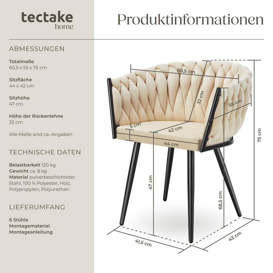Tectake Set Esszimmerstuhl Astano gepolstert, mit Samtbezug, Knotendesign durchgehende Lehne  