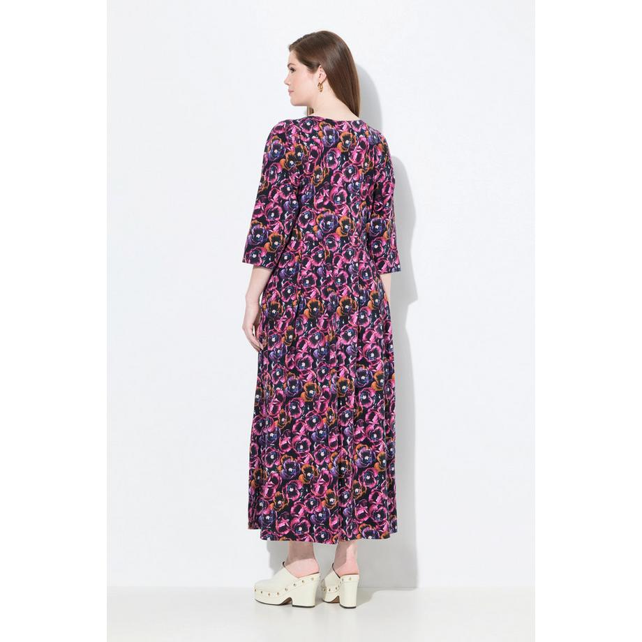 Ulla Popken Robe Maxi Jersey Fleurs Col Rond Manches 3/4 avec Poches  
