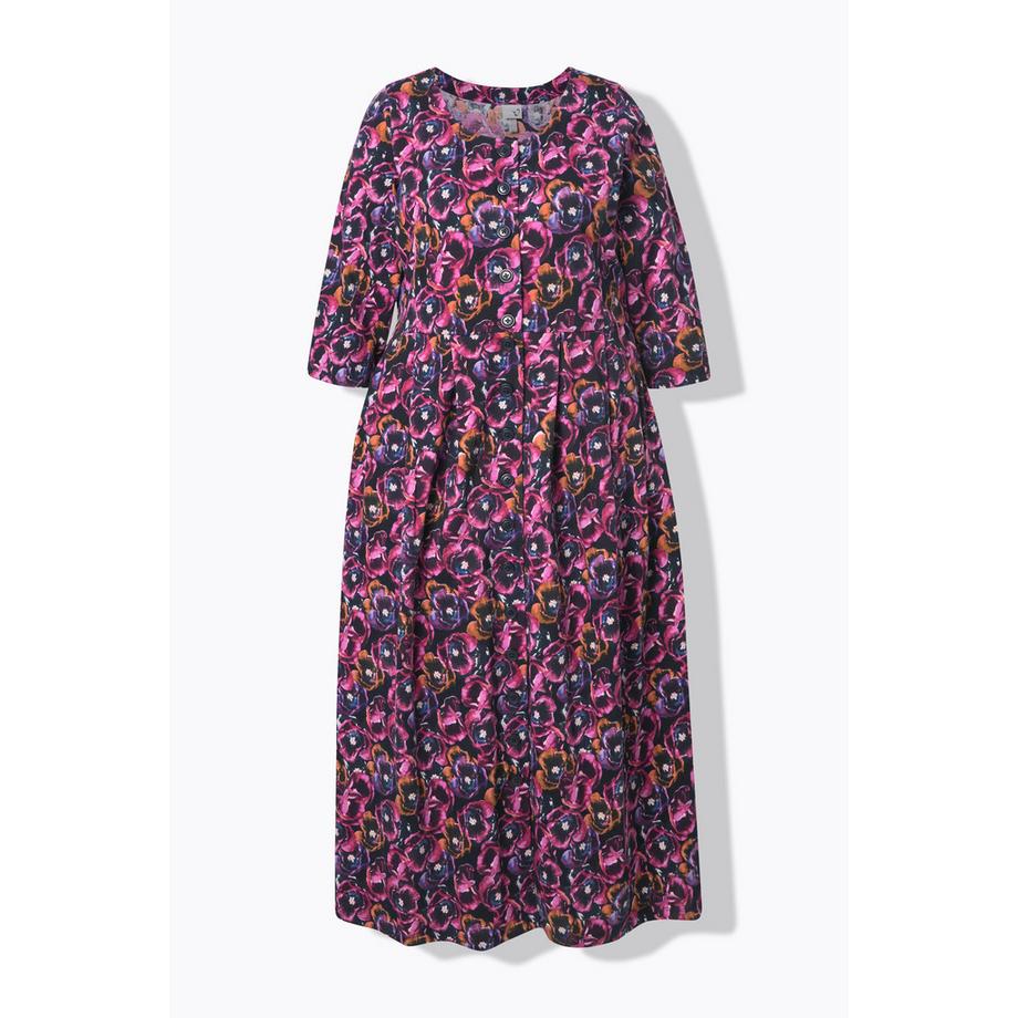 Ulla Popken Robe Maxi Jersey Fleurs Col Rond Manches 3/4 avec Poches  