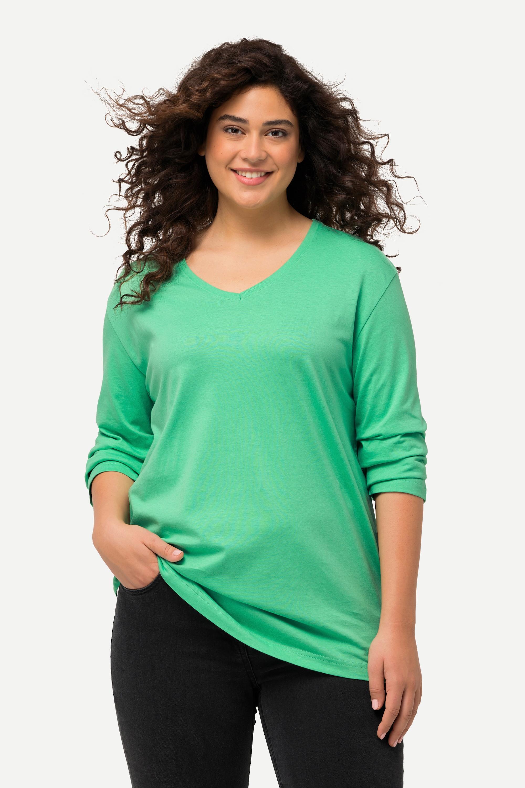 Ulla Popken  T-shirt coupe Relaxed Fit, col en V et manches longues 