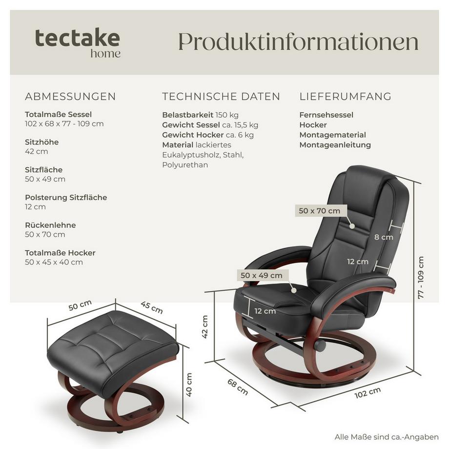 Tectake Fernsehsessel Willy mit Hocker neigbare Rückenlehne  